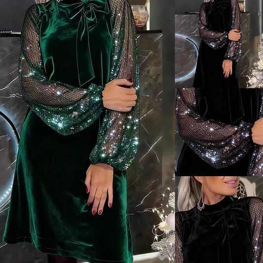 Damen Paillettenkleid mit Schleife am Kragen