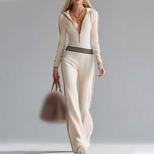 Hose mit Kapuze, V-Ausschnitt und Reißverschluss für Damen