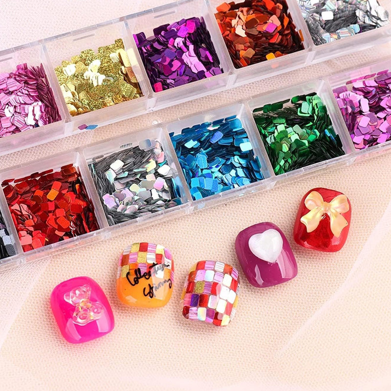 ✨JETZT 50 % RABATT! 🔥12-teiliges quadratisches Glitzer-Nagelkunst-Pailletten-Set🎉