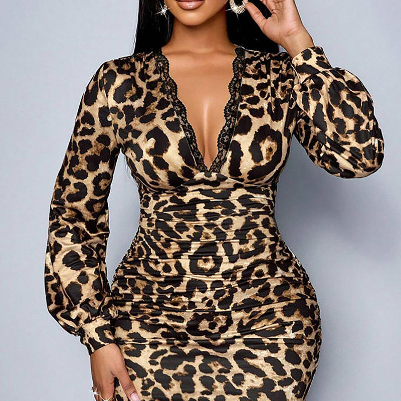 📢📢49% RABATT!! ⏰ Damen-Spitzenkleid mit Leopardenmuster, V-Ausschnitt, Laternenärmeln und mittellanger Länge
