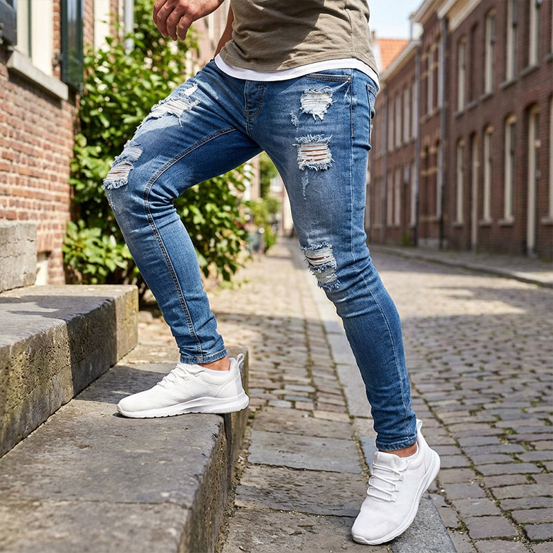 Herren Jeans mit Stickerei – Gerade Passform, Mit Knie-Details und Reißverschluss