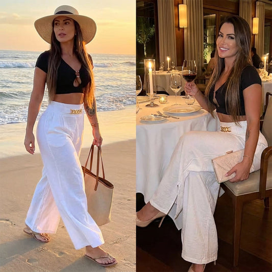 Damen-Hose – Hoher Bund, Weites Bein, Mit Gürtelakzent & Vielseitiger Look ✨