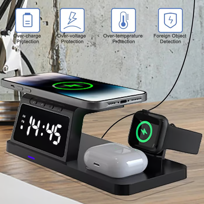 4-in-1-Schnellladestation mit Uhr und kabelloser Ladefunktion