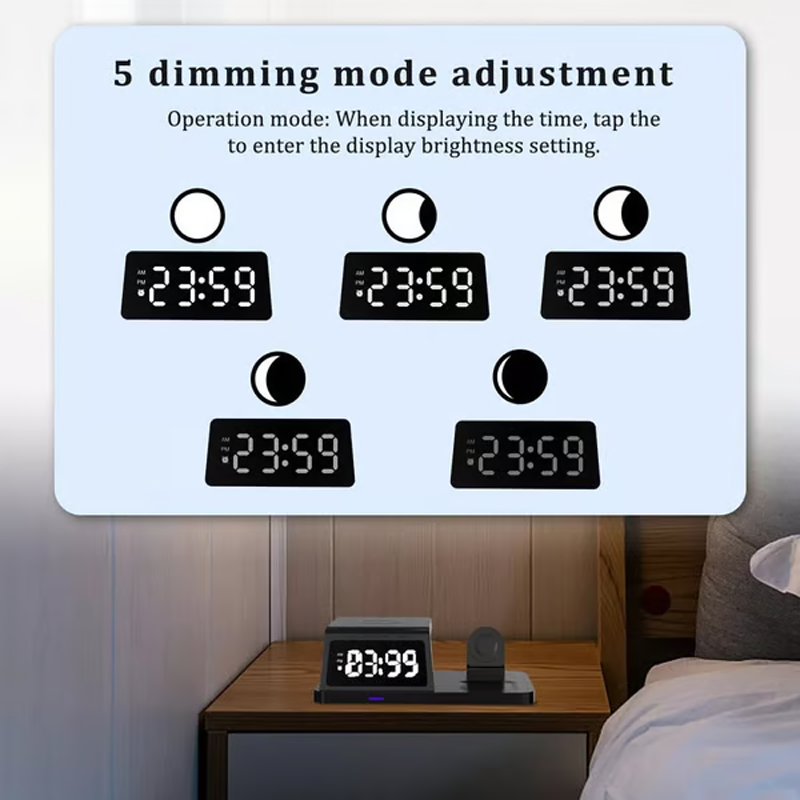4-in-1-Schnellladestation mit Uhr und kabelloser Ladefunktion