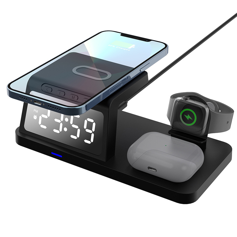 4-in-1-Schnellladestation mit Uhr und kabelloser Ladefunktion