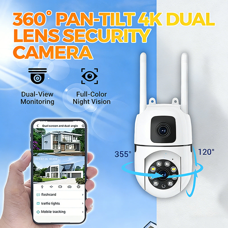 🔍🔍360° Schwenk-Neige 4K Dual-Linsen Sicherheitskamera – Outdoor WLAN Überwachungskamera