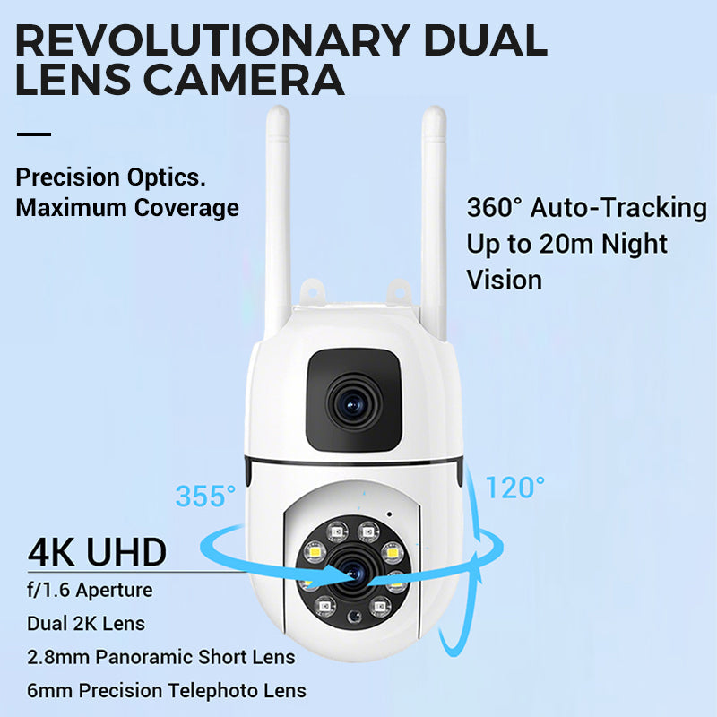 🔍🔍360° Schwenk-Neige 4K Dual-Linsen Sicherheitskamera – Outdoor WLAN Überwachungskamera