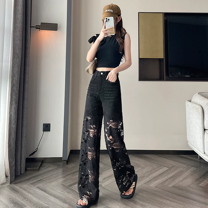 👖 50% RABATT! 💜 Damen-Hose mit Strass-Print und Cut-Outs – Auffälliges Design, Bequeme Passform & Modischer Hingucker ✨