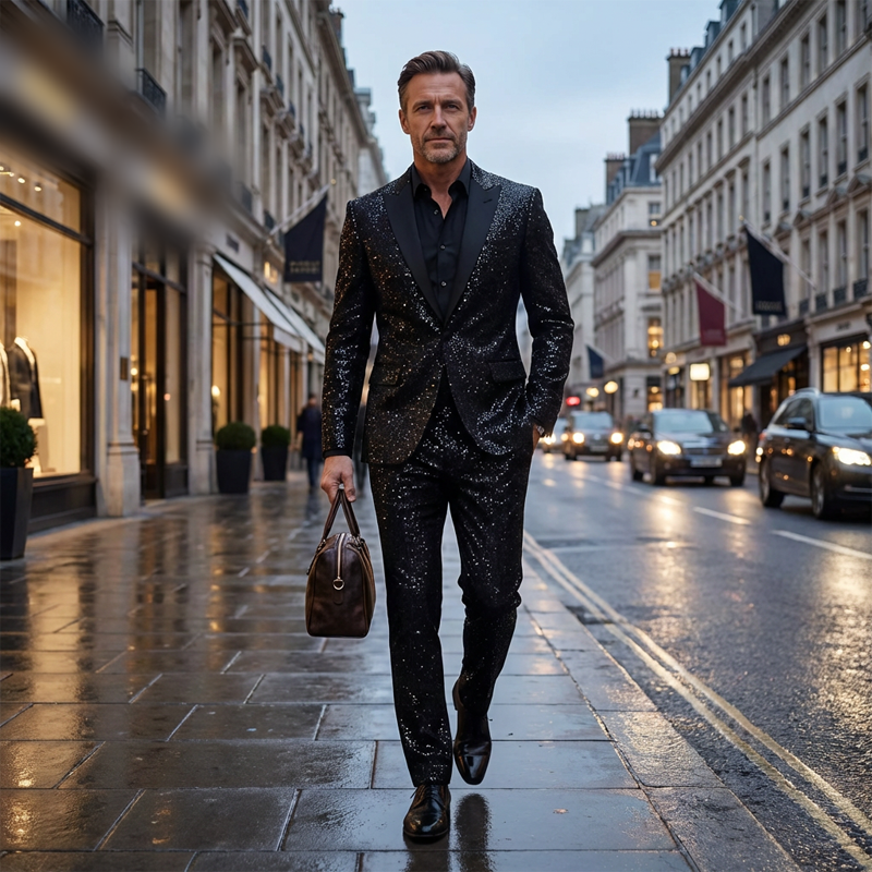 ✨🤵Herren Smoking-Anzug in Schwarz mit Glitzer🔥