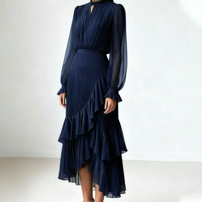 ✨Damen Plissee-Midikleid mit Volants und Schlüsselloch-Ausschnitt🌸💞