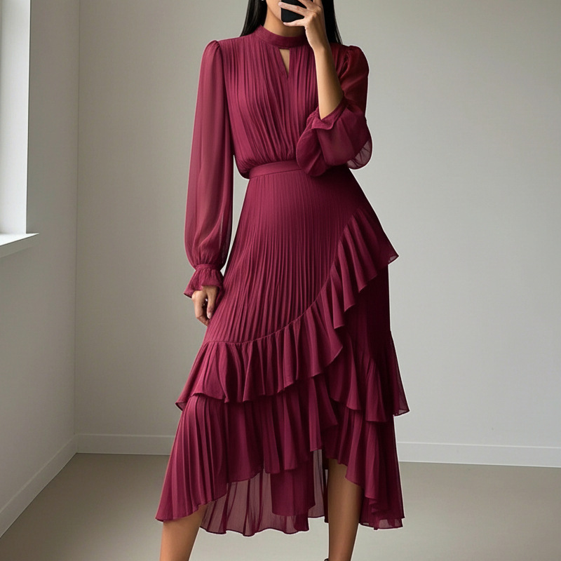 ✨Damen Plissee-Midikleid mit Volants und Schlüsselloch-Ausschnitt🌸💞