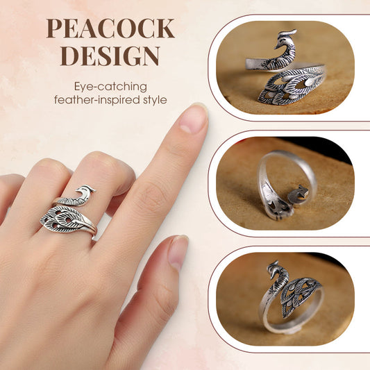 🦚 Offener Damenring mit Pfauenmotiv – Vintage-Design in Silberoptik