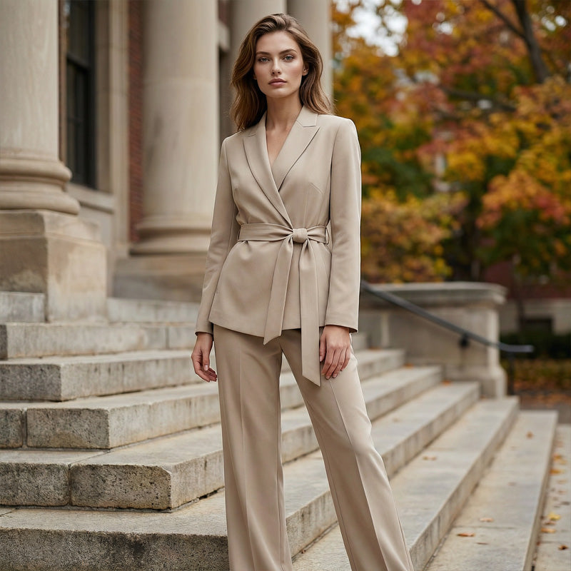✨🔥Eleganter Damen Hosenanzug: Blazer mit Bindegürtel und Hose mit weitem Bein💞