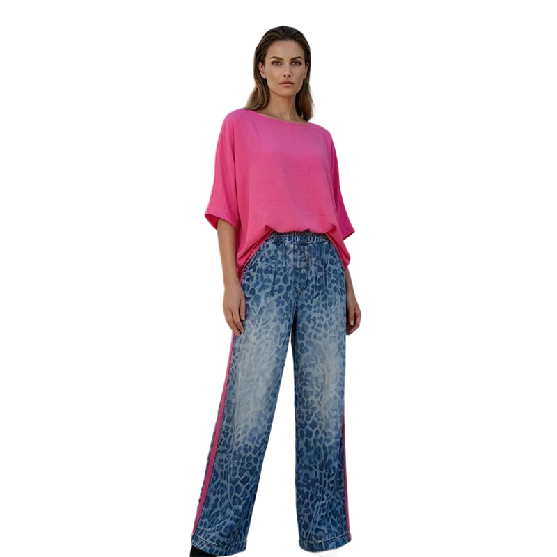 💖 2-teiliges Damen-Set – Knallpinkes Oberteil & Leopardenhose – Locker, Bequem & Atmungsaktiv – Für Freizeit & Ausflüge, S-5XL