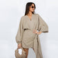 🌞Frühlingserwachen: 50% Rabatt!🔥 Damen Wickelkleid mit V-Ausschnitt & Kimono-Ärmeln – Figurbetontes Knotendetail, atmungsaktiv & vielseitig kombinierbar