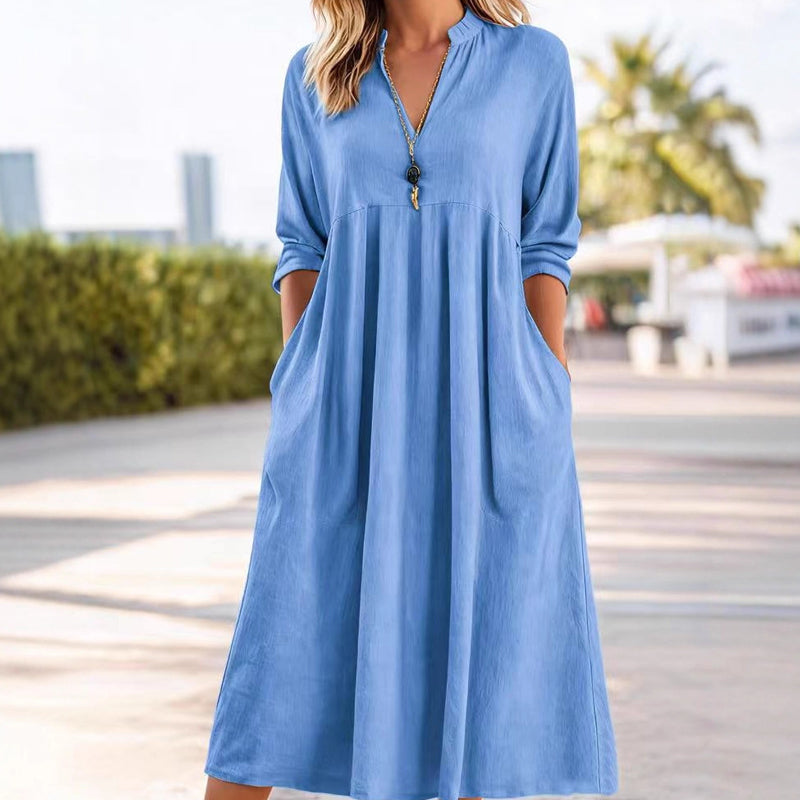 🔥Solange der Vorrat reicht 50 % Rabatt!🎉Damen Freizeit V-Ausschnitt Midi Kleid mit Taschen💞