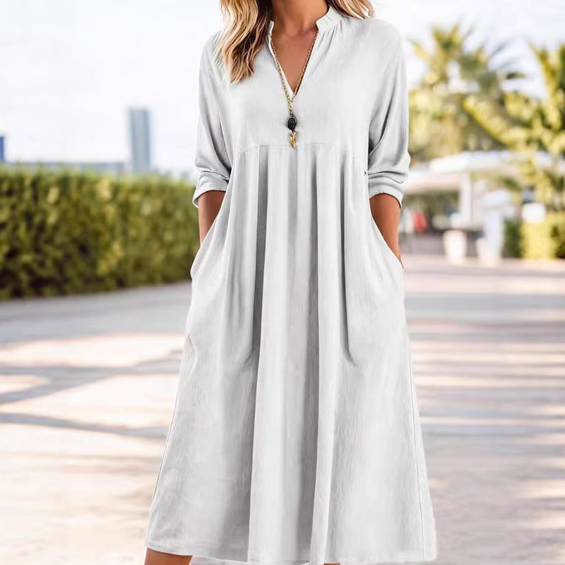🔥Solange der Vorrat reicht 50 % Rabatt!🎉Damen Freizeit V-Ausschnitt Midi Kleid mit Taschen💞