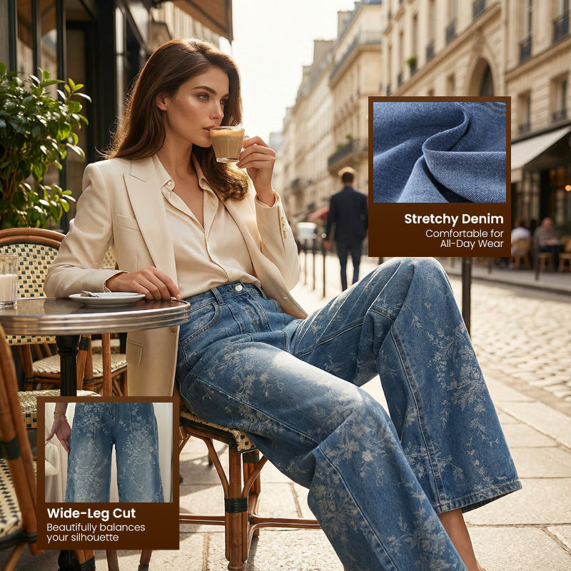 😍50 % Rabatt – 🔥Modell 2026👖Modische Damen-Jeans mit Blumenmuster und weitem Bein