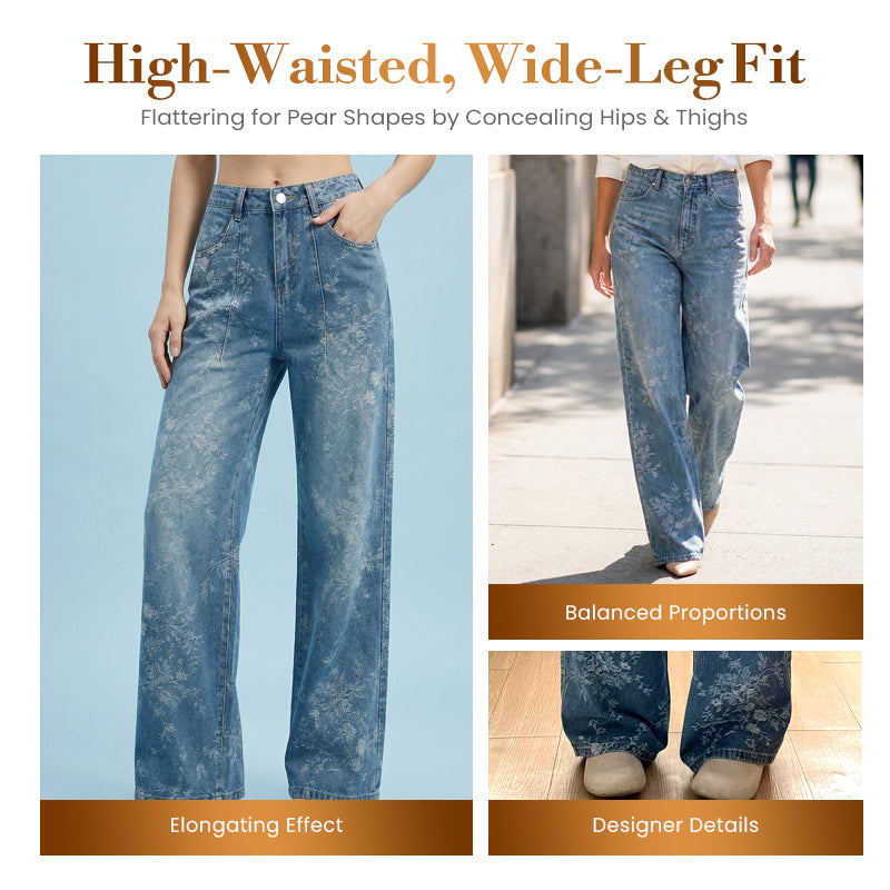😍50 % Rabatt – 🔥Modell 2026👖Modische Damen-Jeans mit Blumenmuster und weitem Bein