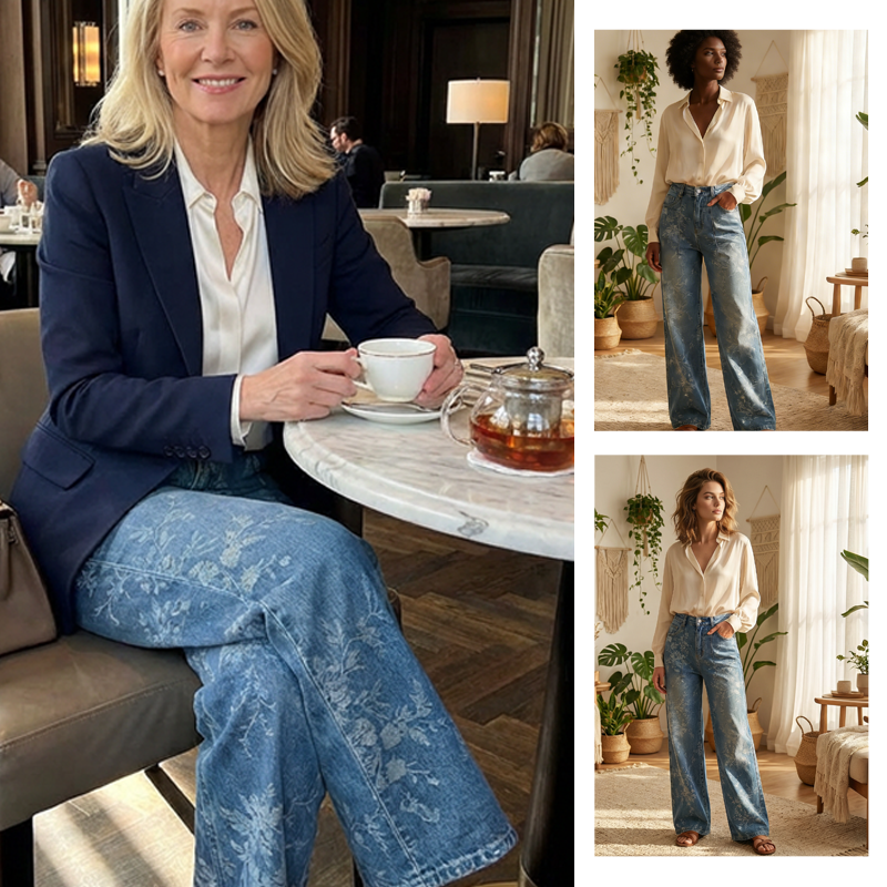 😍50 % Rabatt – 🔥Modell 2026👖Modische Damen-Jeans mit Blumenmuster und weitem Bein