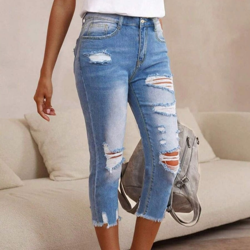 🔥Solange der Vorrat reicht 50 % Rabatt!🎉Damen-Jeans mit Used-Optik, Rissen und rohem Saum