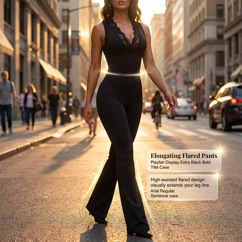 ✨🔥Eleganter Jumpsuit mit V-Ausschnitt, Spitzenverzierung und ausgestelltem Bein🖤