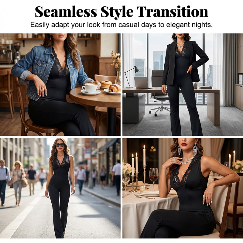 ✨🔥Eleganter Jumpsuit mit V-Ausschnitt, Spitzenverzierung und ausgestelltem Bein🖤