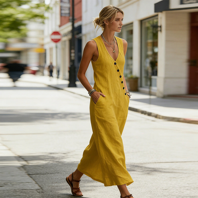 👗🔥 Zeitlich begrenzt: 50% RABATT! Ärmelloses Baumwoll-Leinen-Maxikleid – V-Ausschnitt, praktische Taschen & lässig-schicker Sommerlook 🌞