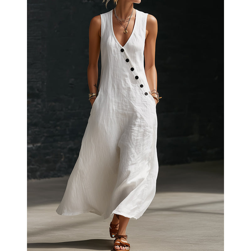 👗🔥 Zeitlich begrenzt: 50% RABATT! Ärmelloses Baumwoll-Leinen-Maxikleid – V-Ausschnitt, praktische Taschen & lässig-schicker Sommerlook 🌞