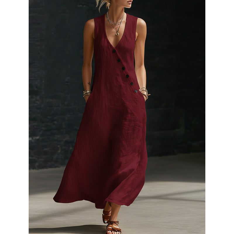 👗🔥 Zeitlich begrenzt: 50% RABATT! Ärmelloses Baumwoll-Leinen-Maxikleid – V-Ausschnitt, praktische Taschen & lässig-schicker Sommerlook 🌞