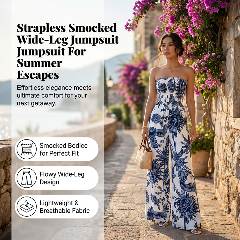 👗 50% RABATT! 💃 Trägerloses Jumpsuit mit Smok-Oberteil & Weitem Bein – Bequeme Passform, Eleganter Stil & Perfekt Für Den Sommer ☀️