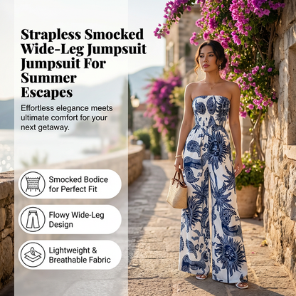 👗 50% RABATT! 💃 Trägerloses Jumpsuit mit Smok-Oberteil & Weitem Bein – Bequeme Passform, Eleganter Stil & Perfekt Für Den Sommer ☀️