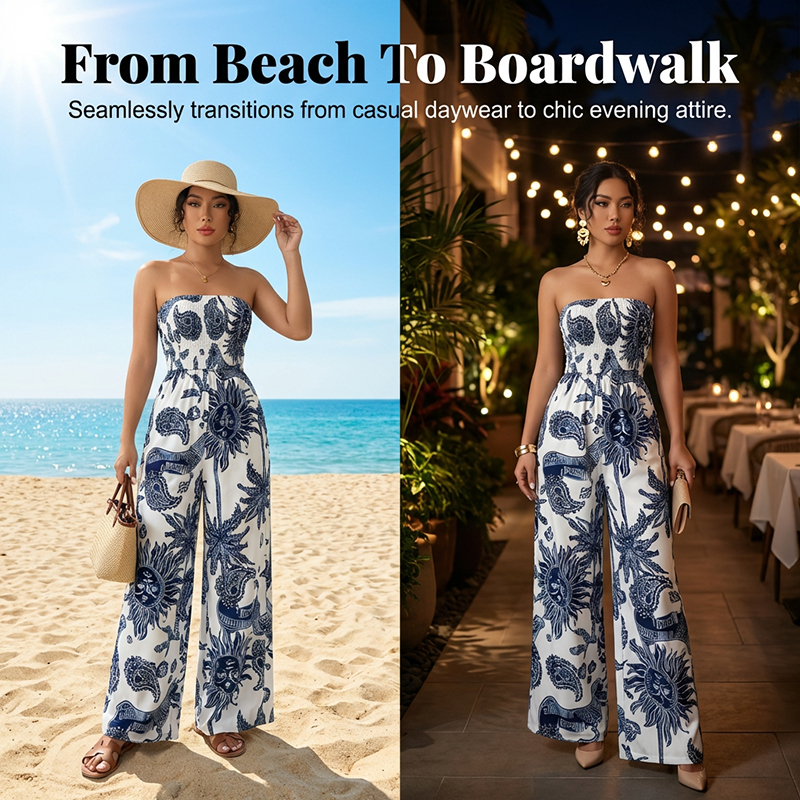 👗 50% RABATT! 💃 Trägerloses Jumpsuit mit Smok-Oberteil & Weitem Bein – Bequeme Passform, Eleganter Stil & Perfekt Für Den Sommer ☀️
