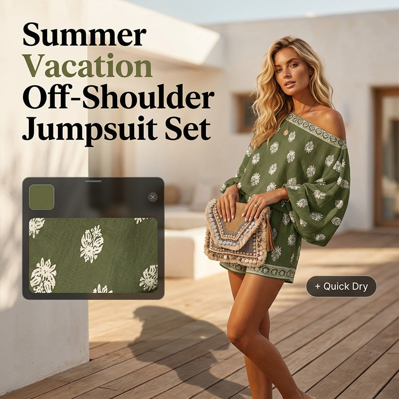 ☀️ LIMITIERTE ZEIT: 50% RABATT! ✨ Bohème-Off-Shoulder-Jumpsuit – Vintage-Print, Elastisch, Sommertraum 🌴