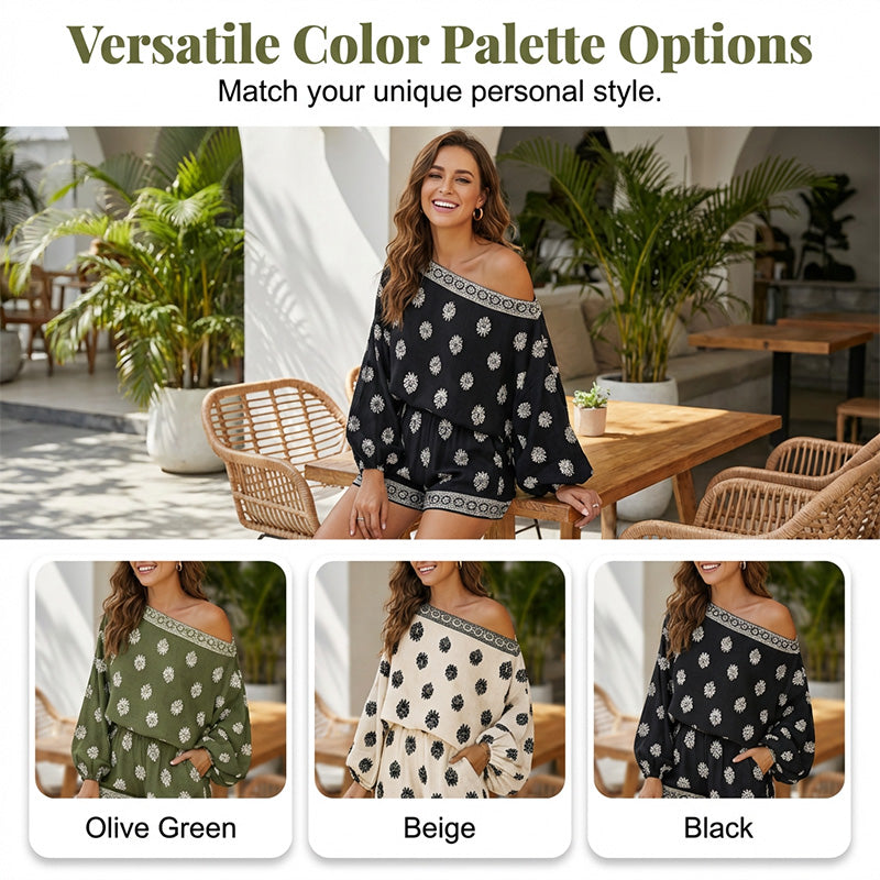 ☀️ LIMITIERTE ZEIT: 50% RABATT! ✨ Bohème-Off-Shoulder-Jumpsuit – Vintage-Print, Elastisch, Sommertraum 🌴
