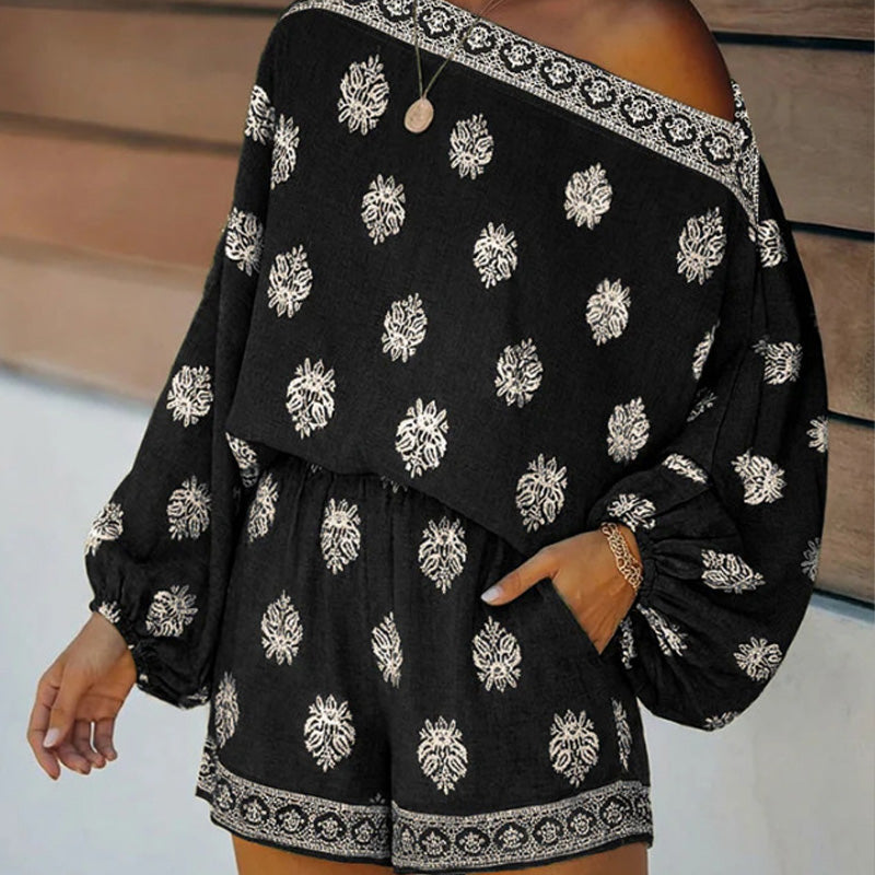 ☀️ LIMITIERTE ZEIT: 50% RABATT! ✨ Bohème-Off-Shoulder-Jumpsuit – Vintage-Print, Elastisch, Sommertraum 🌴