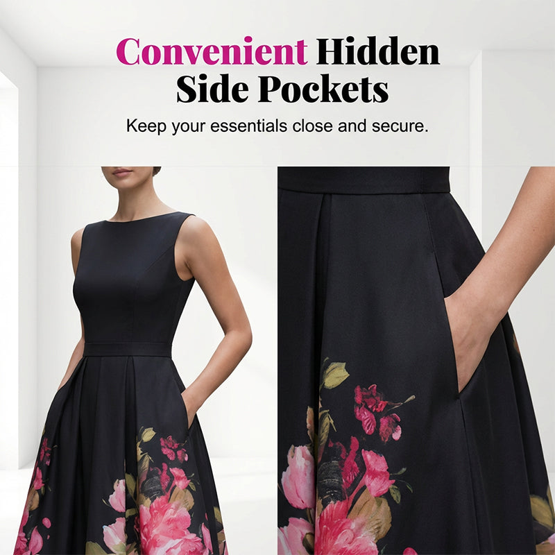 🎁Neuwaren 50% Rabatt💥Elegantes, ärmelloses Midikleid in A-Linie mit Blumenmuster