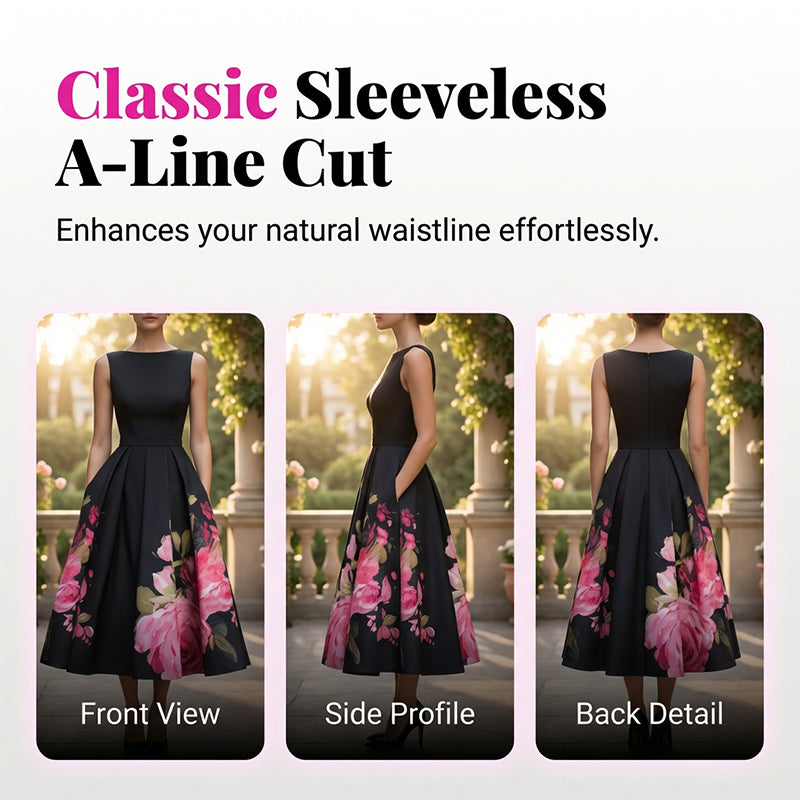 🎁Neuwaren 50% Rabatt💥Elegantes, ärmelloses Midikleid in A-Linie mit Blumenmuster