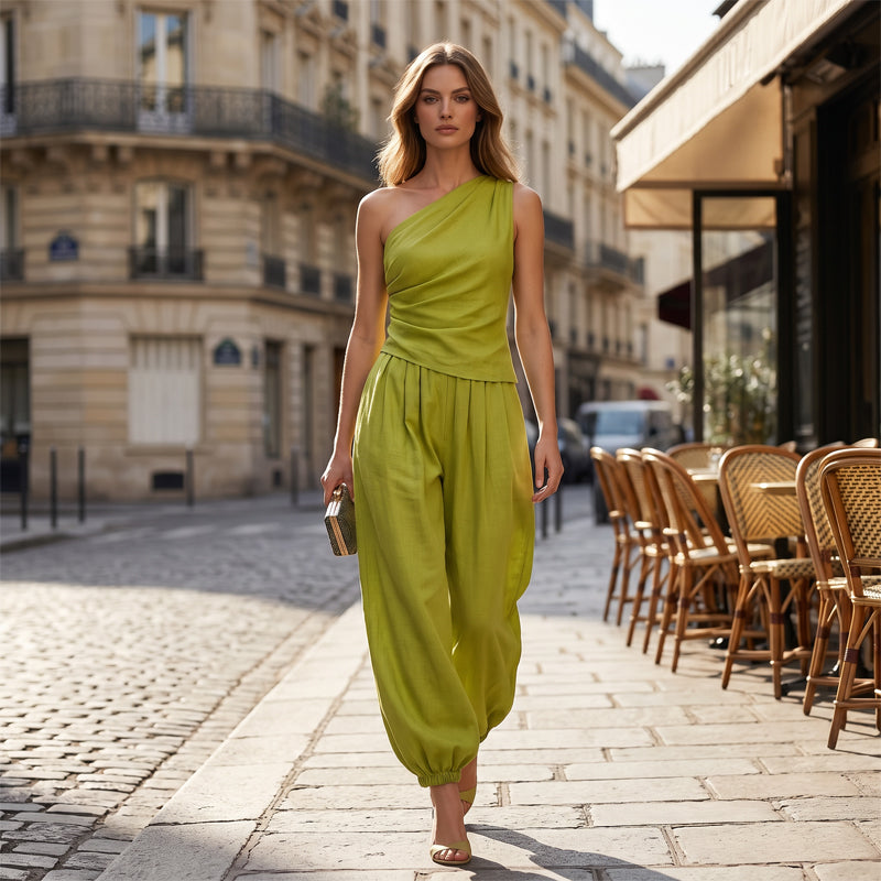 Women's One-Shoulder Top and Wide-Leg Pants Set