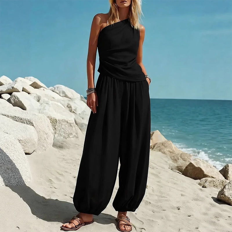Women's One-Shoulder Top and Wide-Leg Pants Set