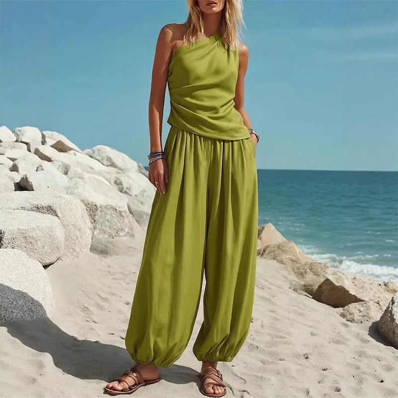 Women's One-Shoulder Top and Wide-Leg Pants Set