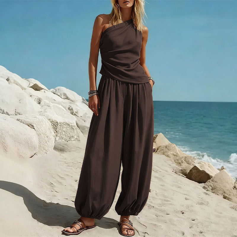 Women's One-Shoulder Top and Wide-Leg Pants Set