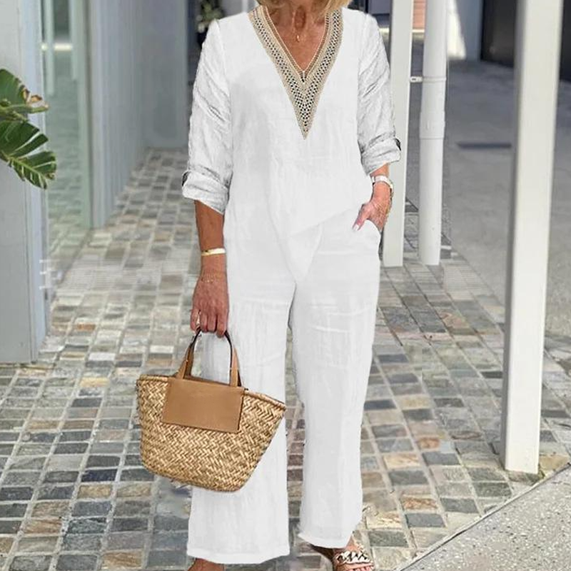 🔥Neuheiten im Sonderangebot-Damen-Zweiteiler: Bluse mit V-Ausschnitt & weite Hose