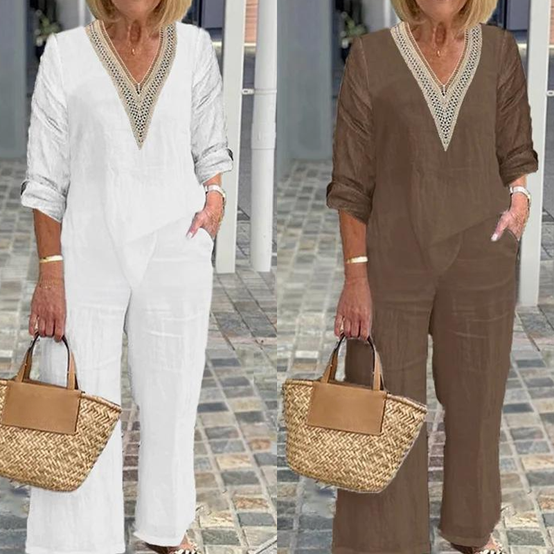 🔥Neuheiten im Sonderangebot-Damen-Zweiteiler: Bluse mit V-Ausschnitt & weite Hose