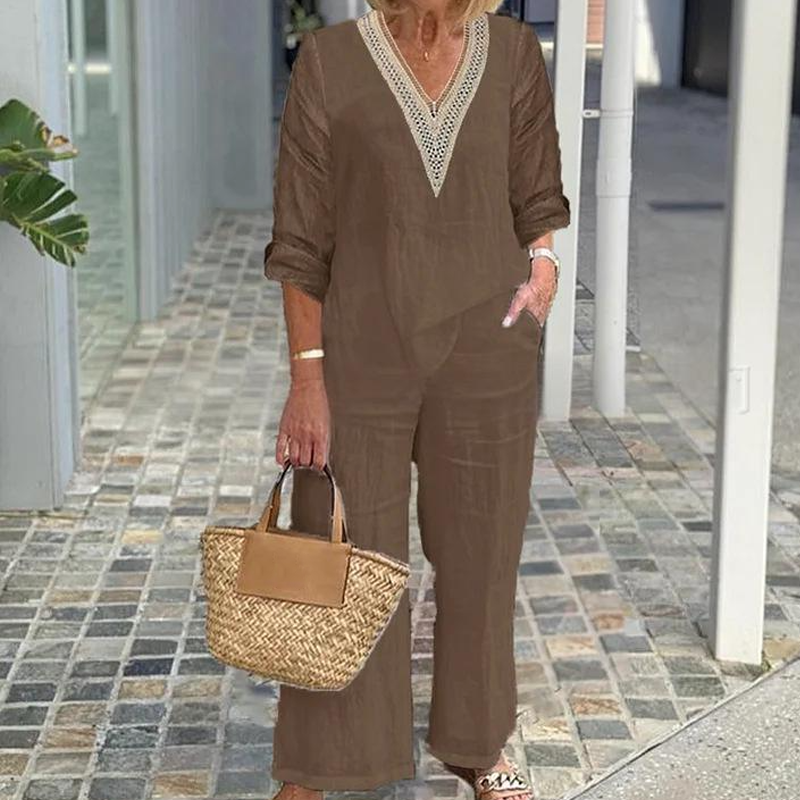 🔥Neuheiten im Sonderangebot-Damen-Zweiteiler: Bluse mit V-Ausschnitt & weite Hose