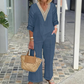 🔥Neuheiten im Sonderangebot-Damen-Zweiteiler: Bluse mit V-Ausschnitt & weite Hose