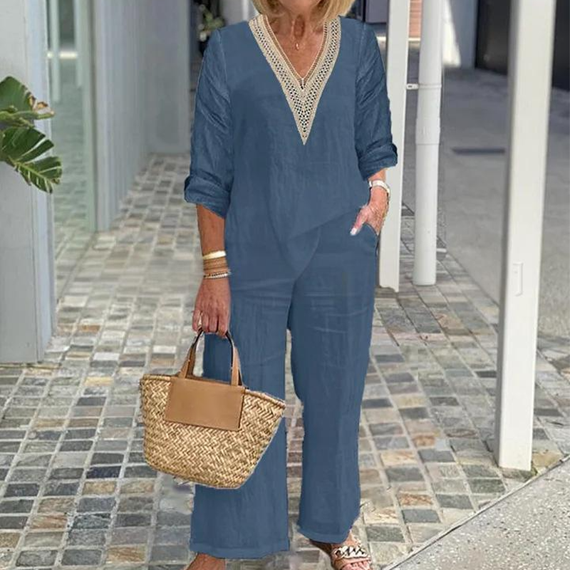 🔥Neuheiten im Sonderangebot-Damen-Zweiteiler: Bluse mit V-Ausschnitt & weite Hose