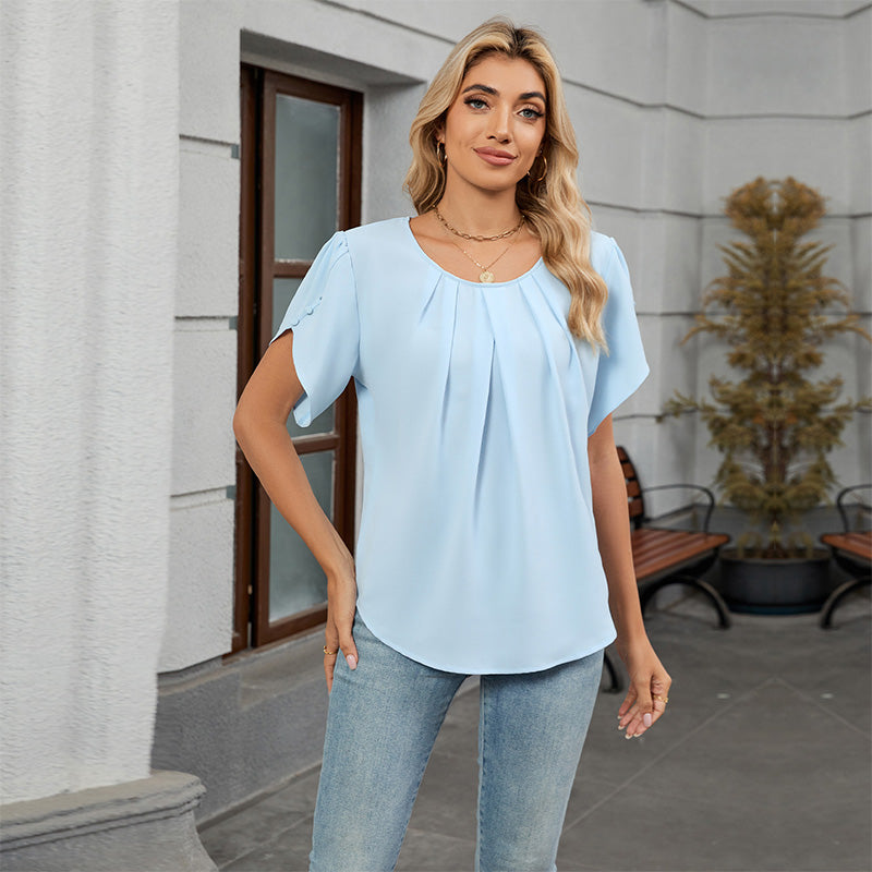 Women's Petal Sleeve Pleated Neck Blouse