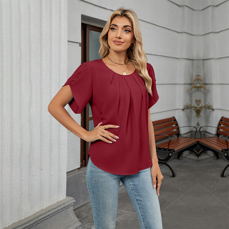 Women's Petal Sleeve Pleated Neck Blouse