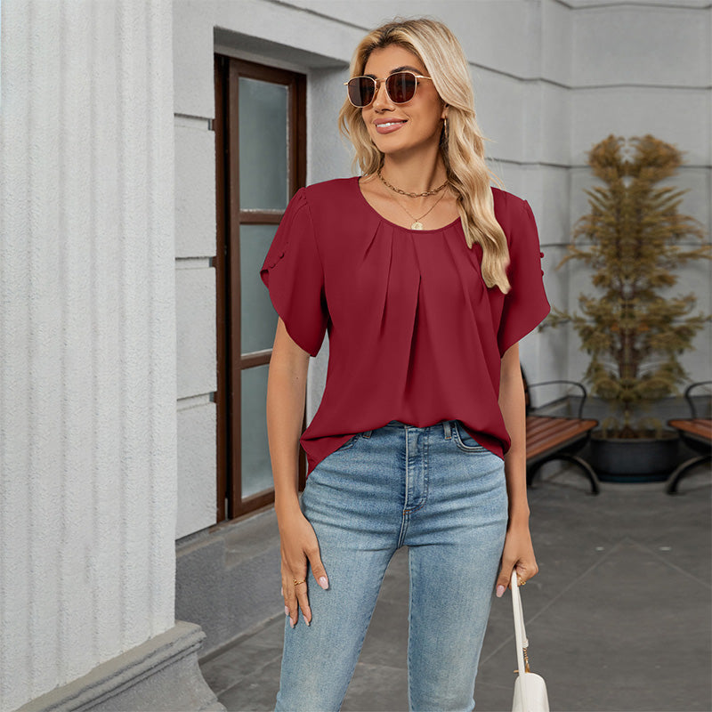 Women's Petal Sleeve Pleated Neck Blouse
